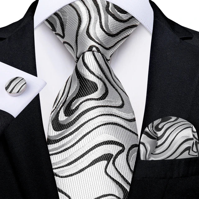 Gray Black Stripe Silk Tie Pocket Square Cufflink Set - STYLETIE
