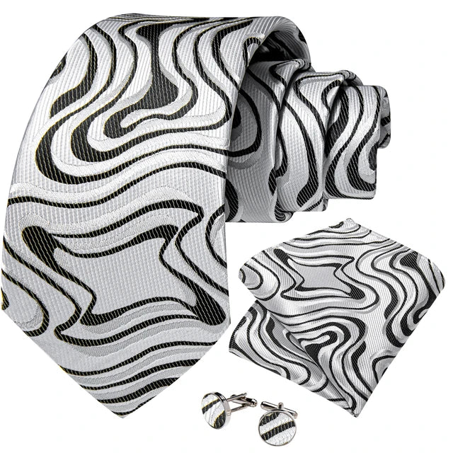 Gray Black Stripe Silk Tie Pocket Square Cufflink Set - STYLETIE