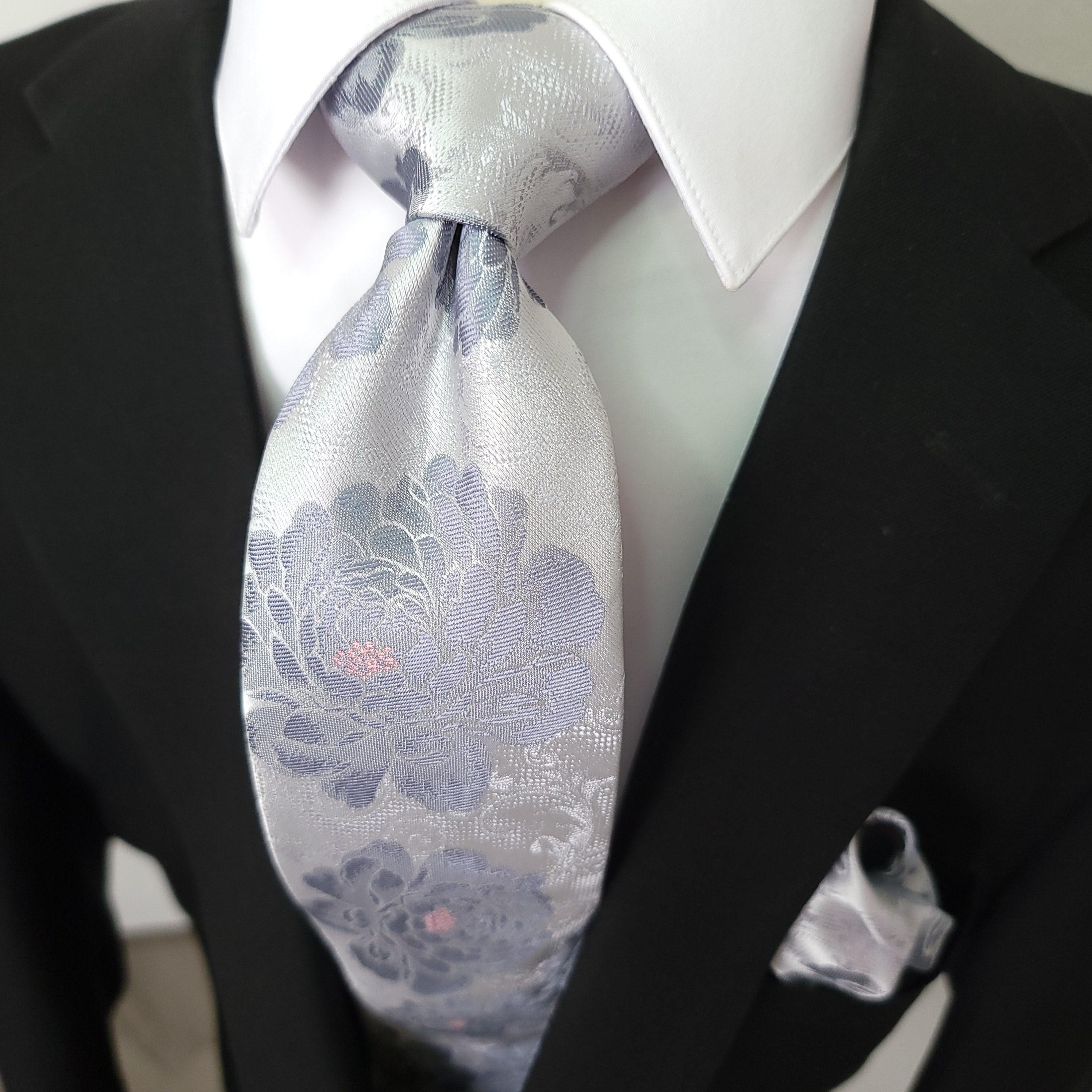 Gray Floral Silk Tie Pocket Square Cufflinks Set - STYLETIE