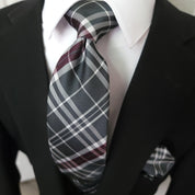 Gray White Burgundy Striped Silk Tie Pocket Square Cufflink Set - STYLETIE