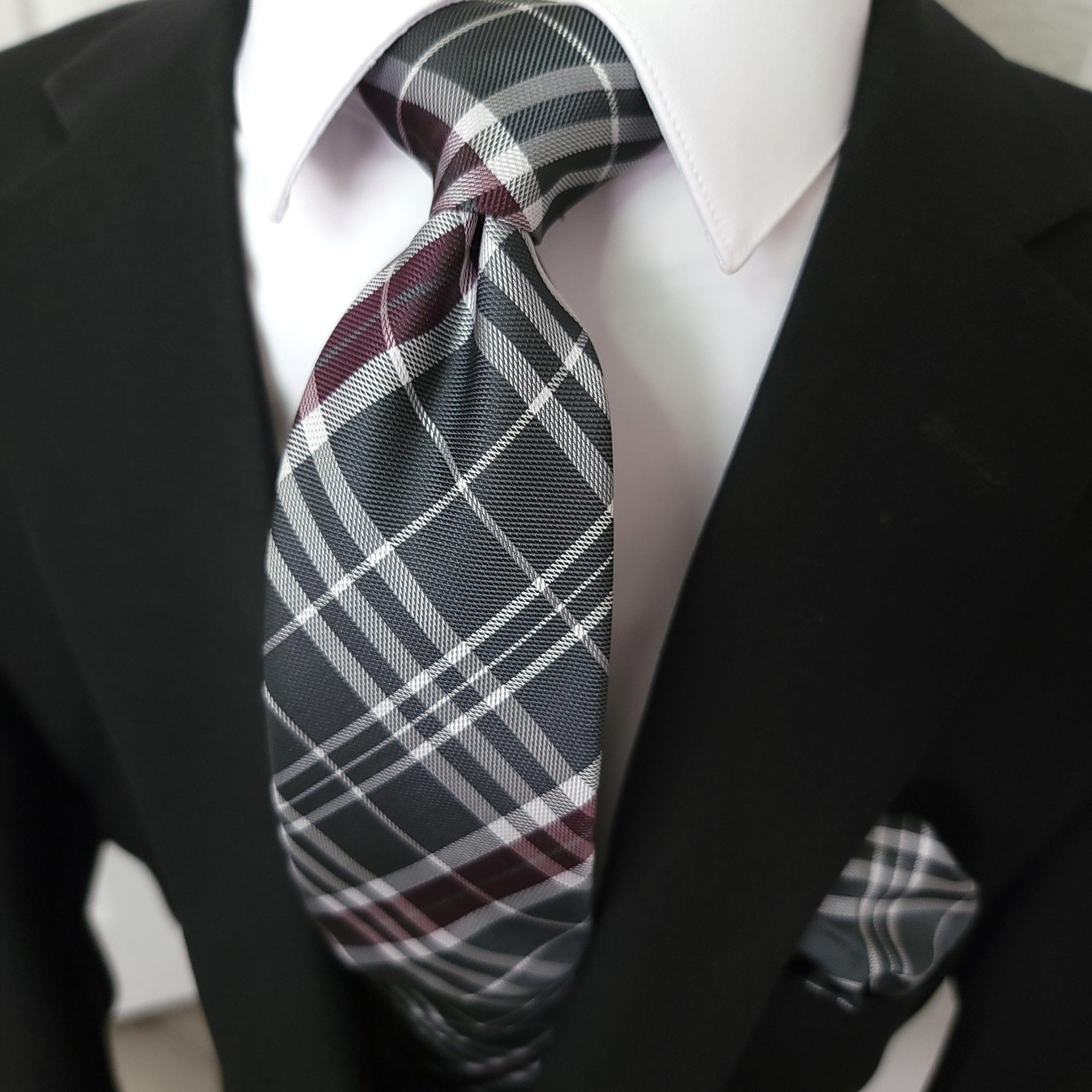 Gray White Burgundy Striped Silk Tie Pocket Square Cufflink Set - STYLETIE