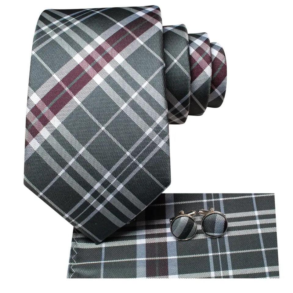 Gray White Burgundy Striped Silk Tie Pocket Square Cufflink Set - STYLETIE