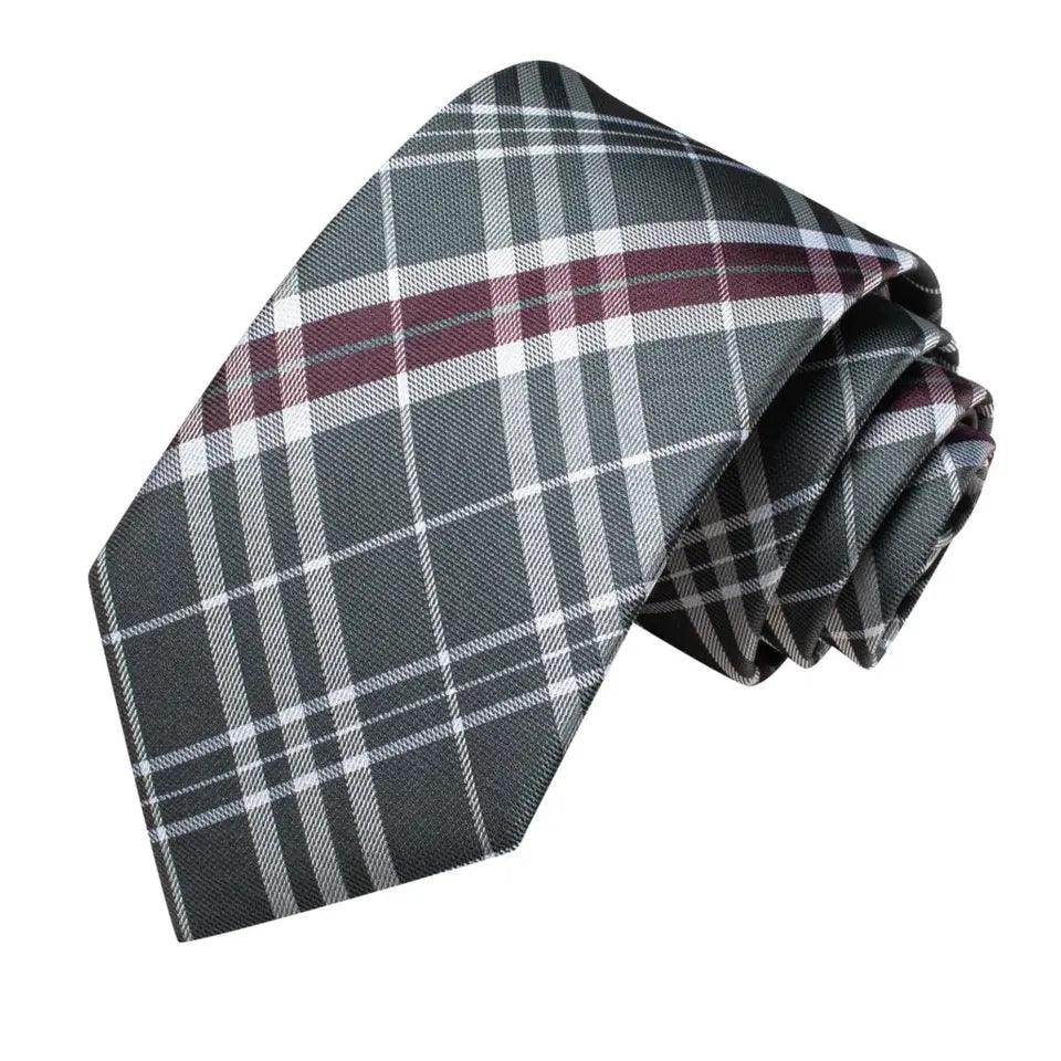 Gray White Burgundy Striped Silk Tie Pocket Square Cufflink Set - STYLETIE