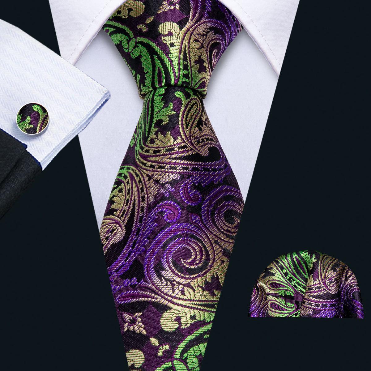 Green Purple Black Paisley Silk Tie Pocket Square Cufflink Set - STYLETIE