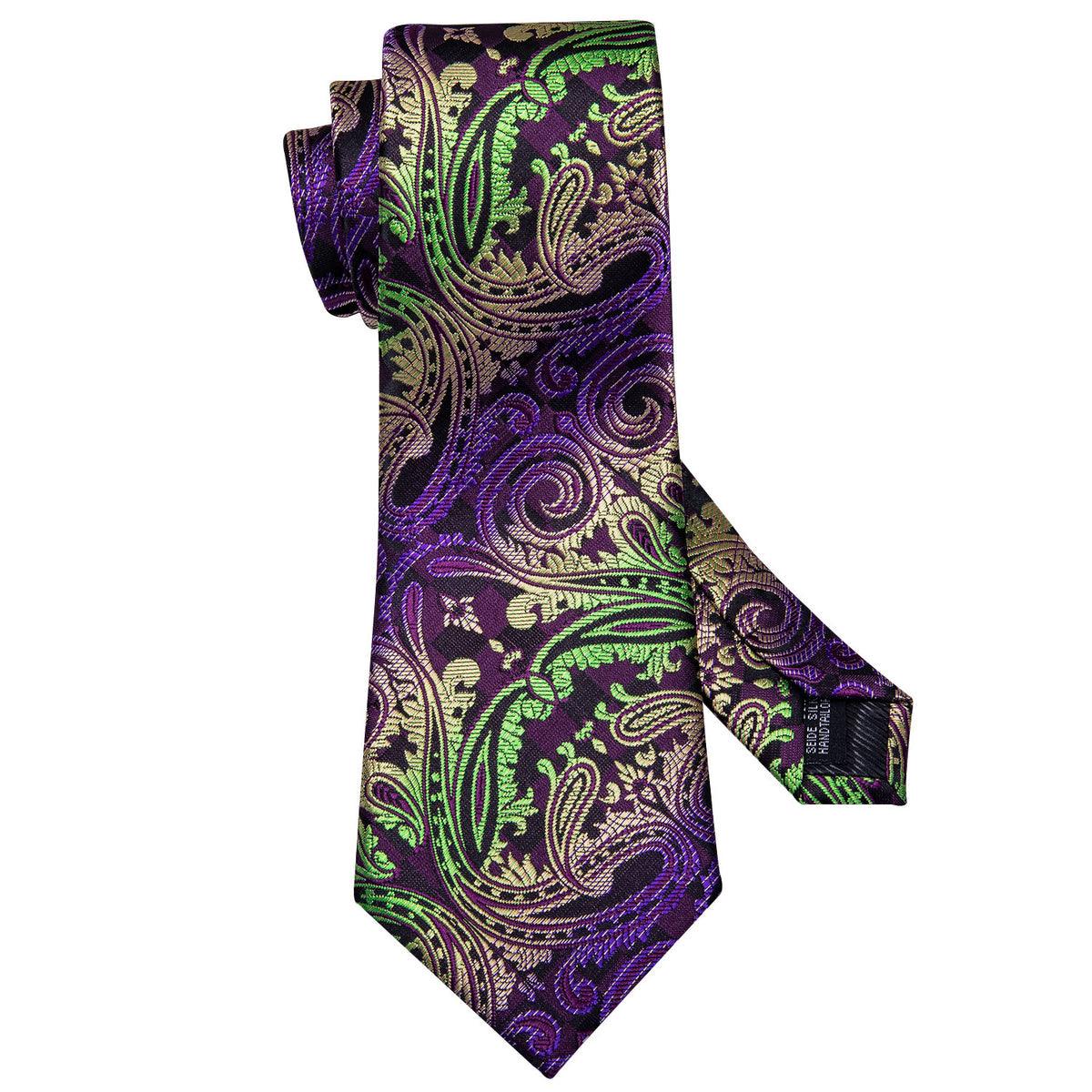 Green Purple Black Paisley Silk Tie Pocket Square Cufflink Set - STYLETIE