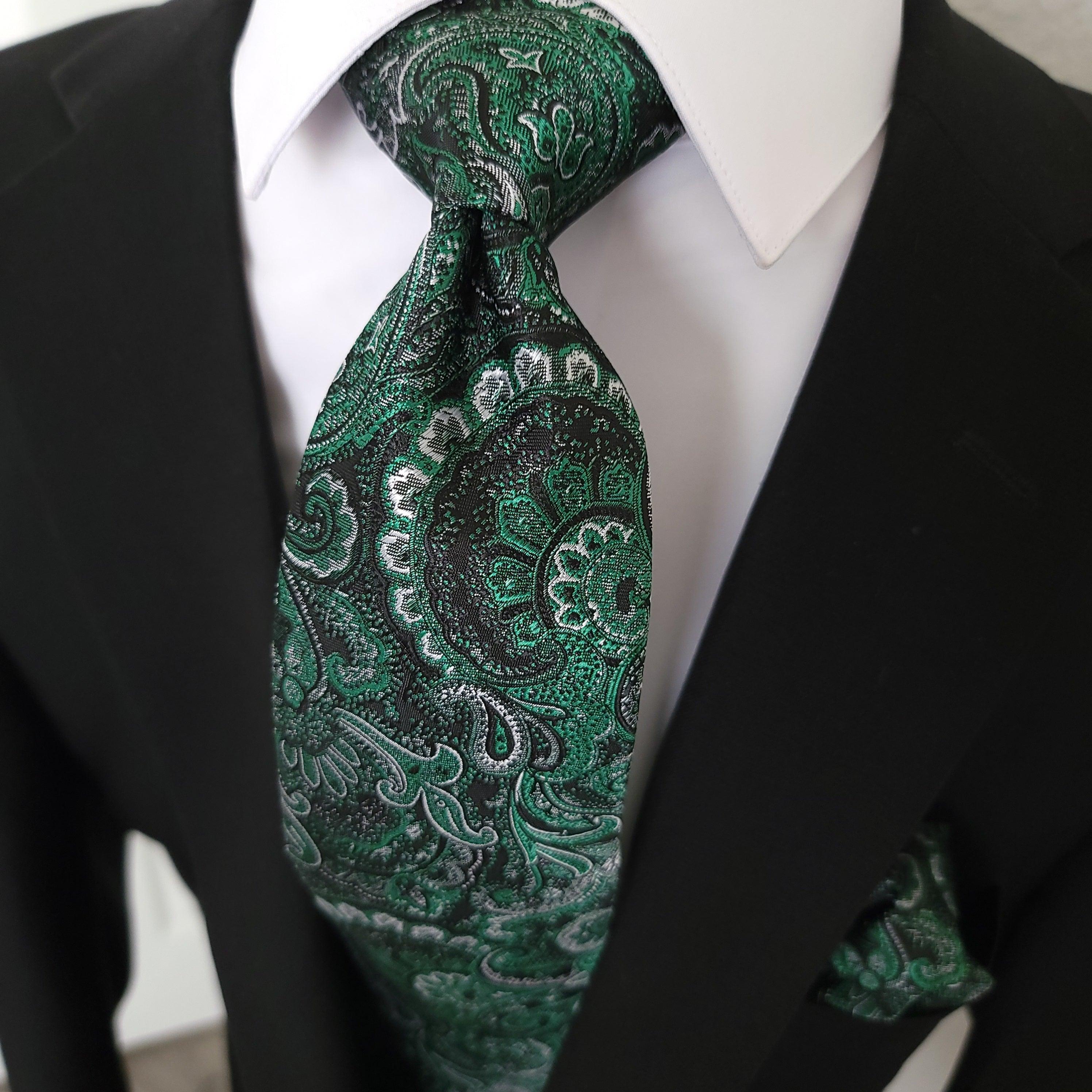 Green Silver Paisley Silk Tie Pocket Square Cufflink Set - STYLETIE