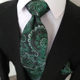 Green Silver Paisley Silk Tie Pocket Square Cufflink Set
