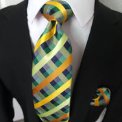 Green Yellow Plaid Silk Tie Crystal Brooches Pocket Square Cufflinks Set - STYLETIE