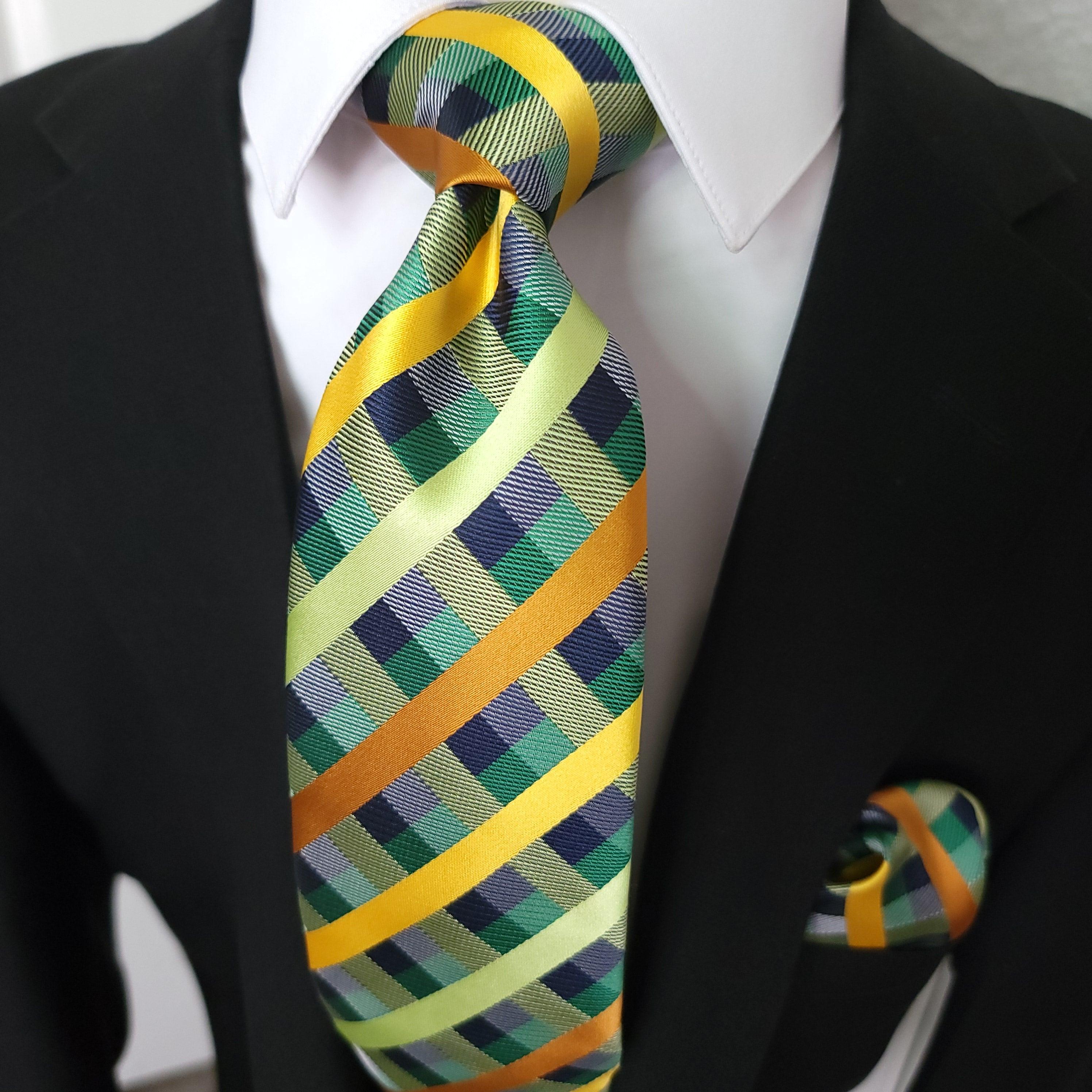 Green Yellow Plaid Silk Tie Crystal Brooches Pocket Square Cufflinks Set - STYLETIE