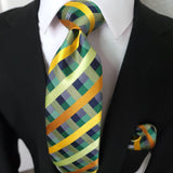 Green Yellow Plaid Silk Tie Crystal Brooches Pocket Square Cufflinks Set