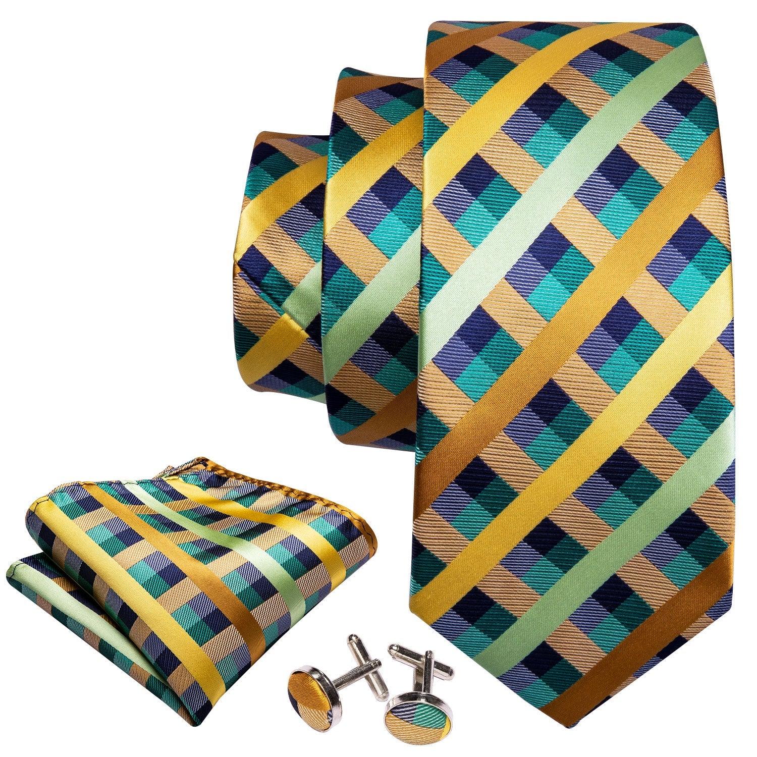 Green Yellow Plaid Silk Tie Crystal Brooches Pocket Square Cufflinks Set - STYLETIE