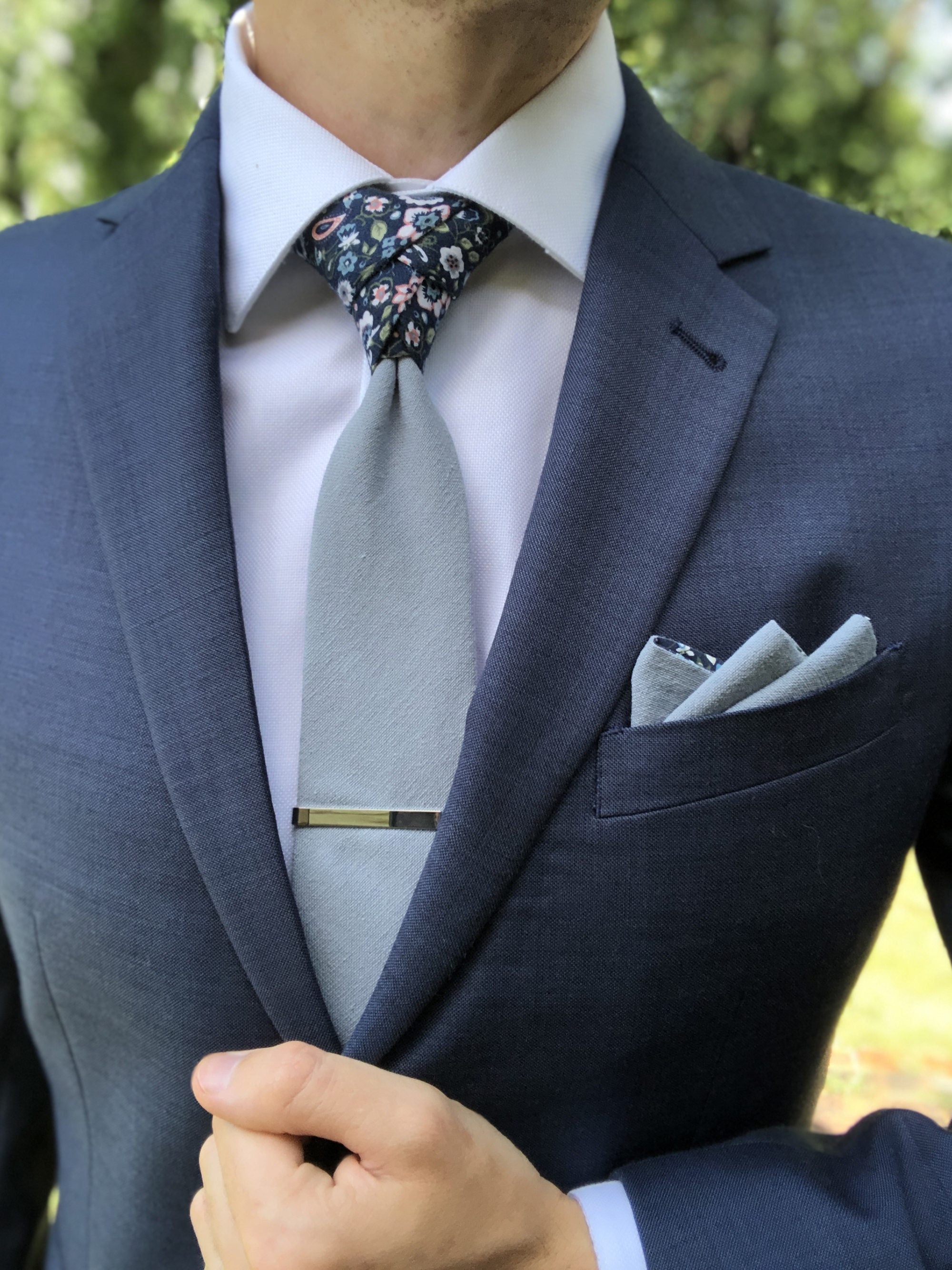 Slate Gray Navy Blue Floral Peekaboo Tie