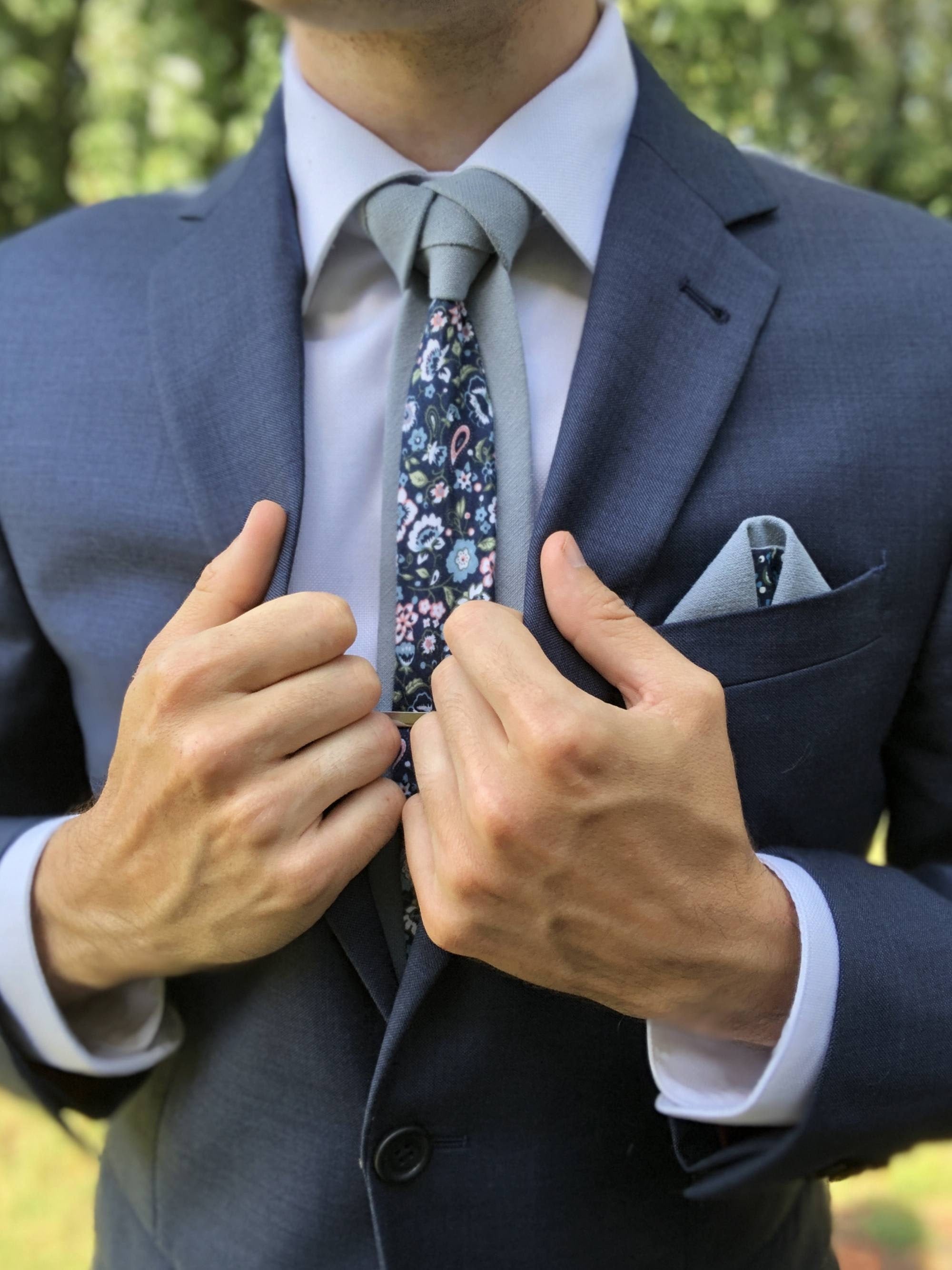 Slate Gray Navy Blue Floral Peekaboo Tie