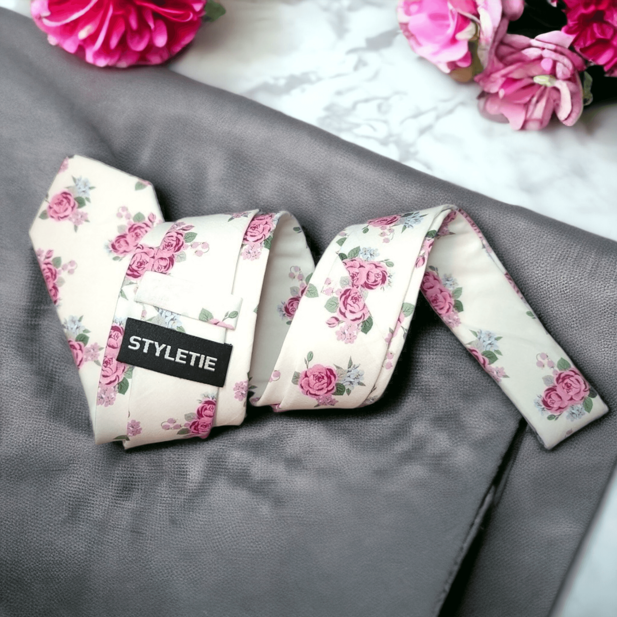Ivory Pink Floral Leaf Tie - STYLETIE