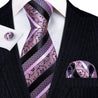 Lavender Black Stripe Floral Silk Tie Pocket Square Cufflink Set - STYLETIE