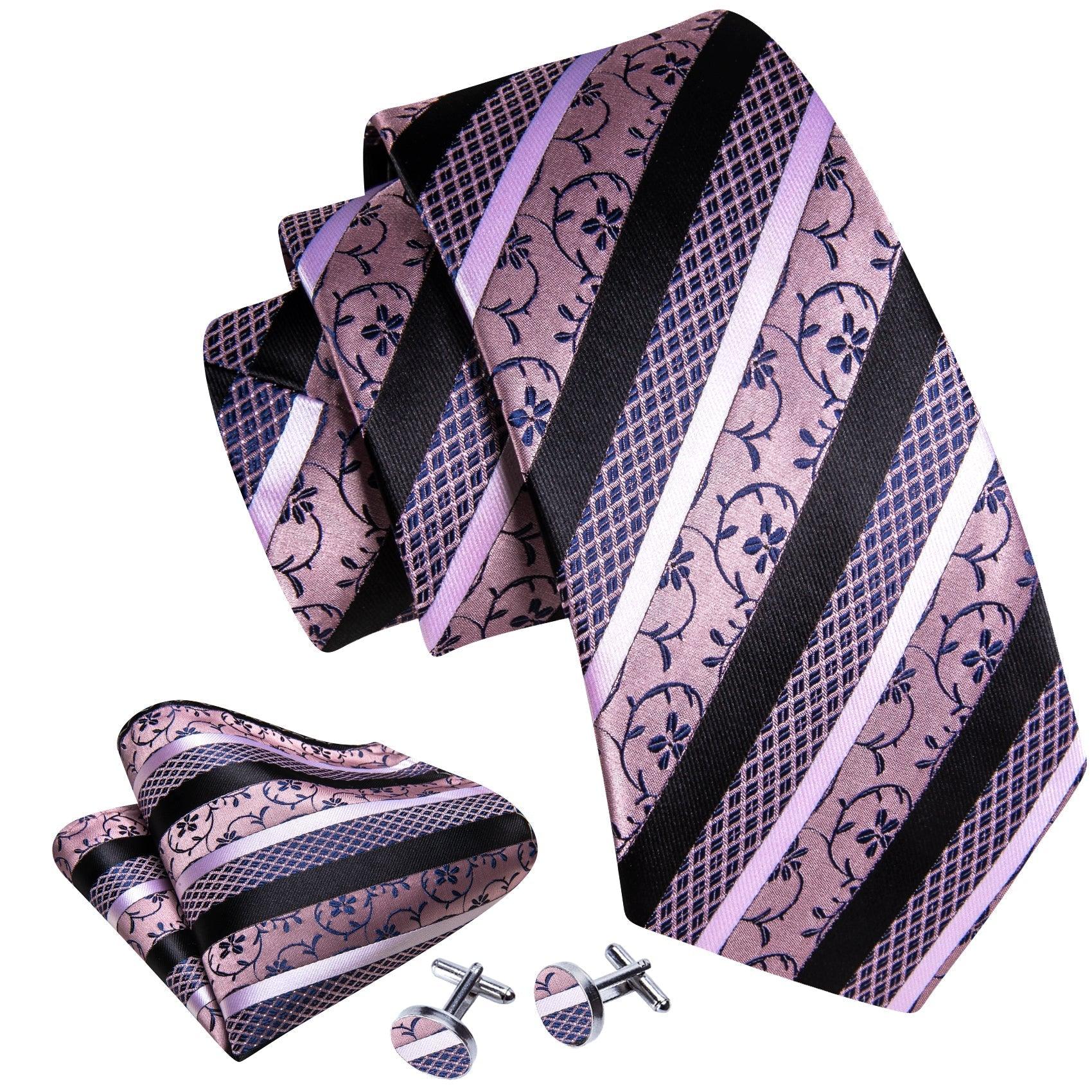 Lavender Black Stripe Floral Silk Tie Pocket Square Cufflink Set - STYLETIE