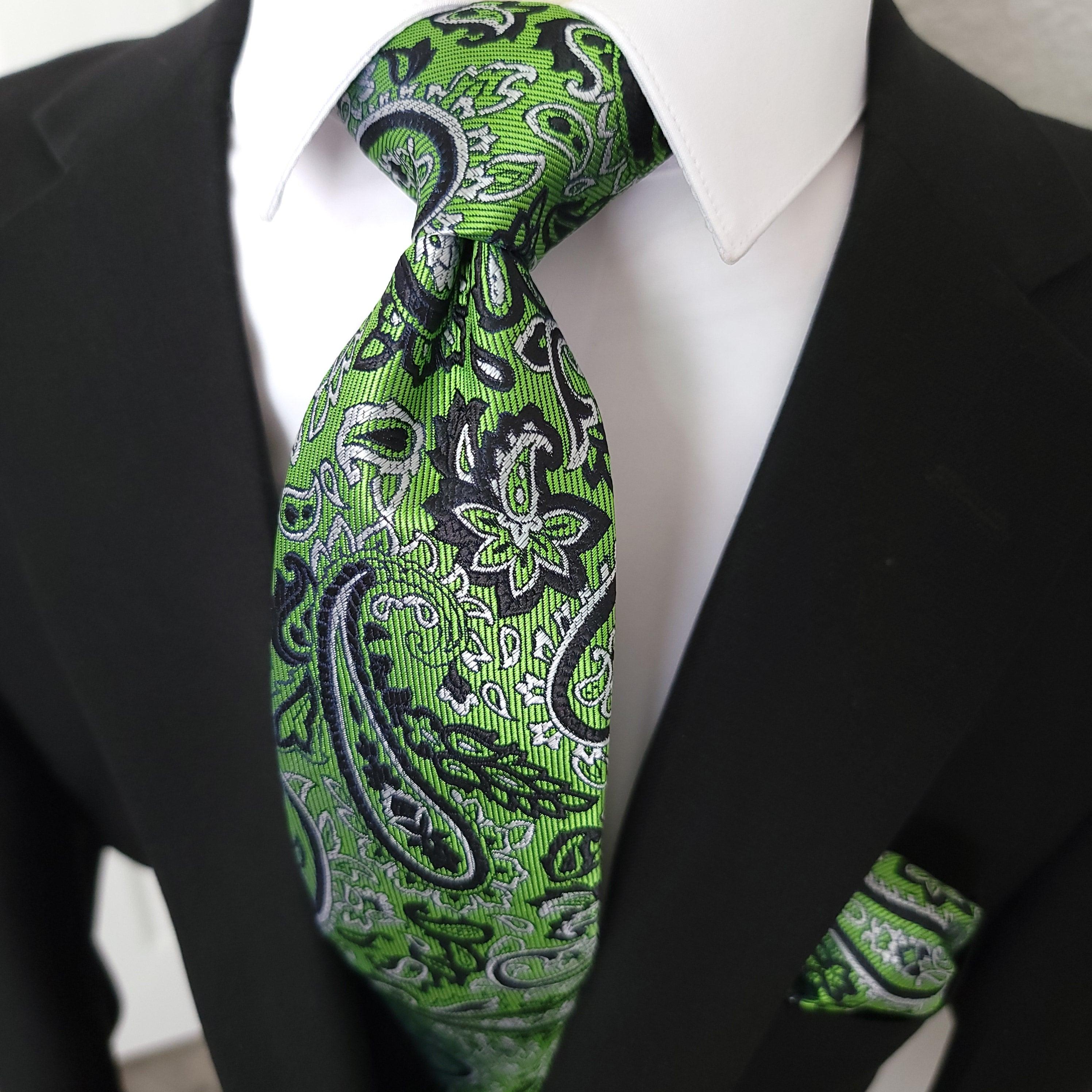 Lime Green Paisley Silk Tie Pocket Square Cufflink Set - STYLETIE