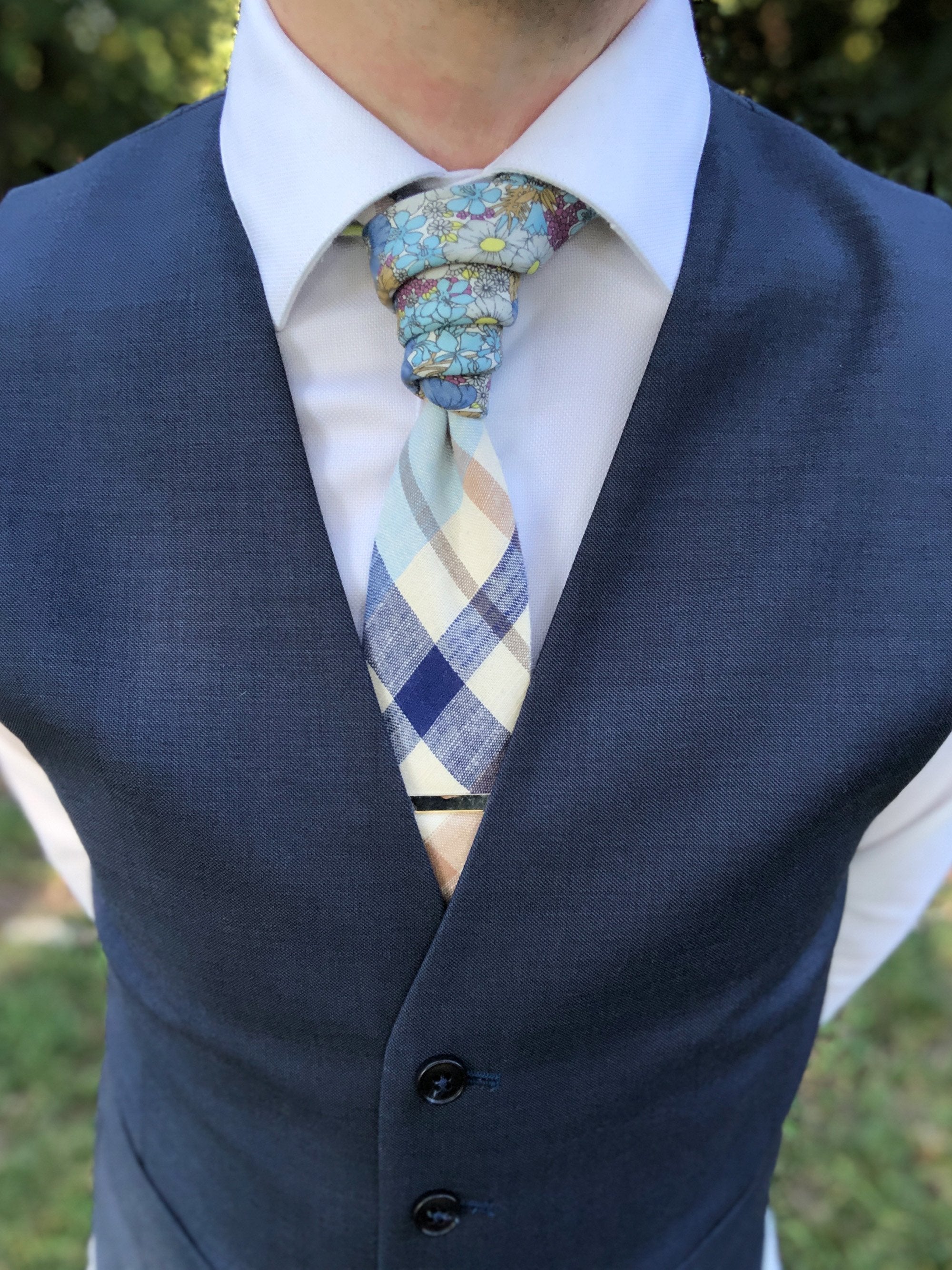 Navy Blue Cream Gray Plaid Floral Peekaboo Tie