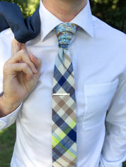 Navy Blue Cream Gray Plaid Floral Peekaboo Tie