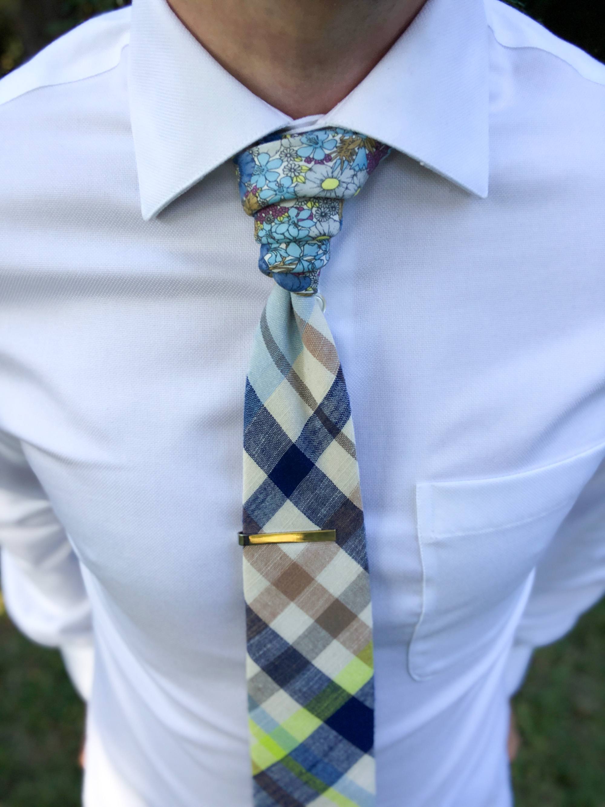 Navy Blue Cream Gray Plaid Floral Peekaboo Tie