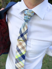 Navy Blue Cream Gray Plaid Floral Peekaboo Tie