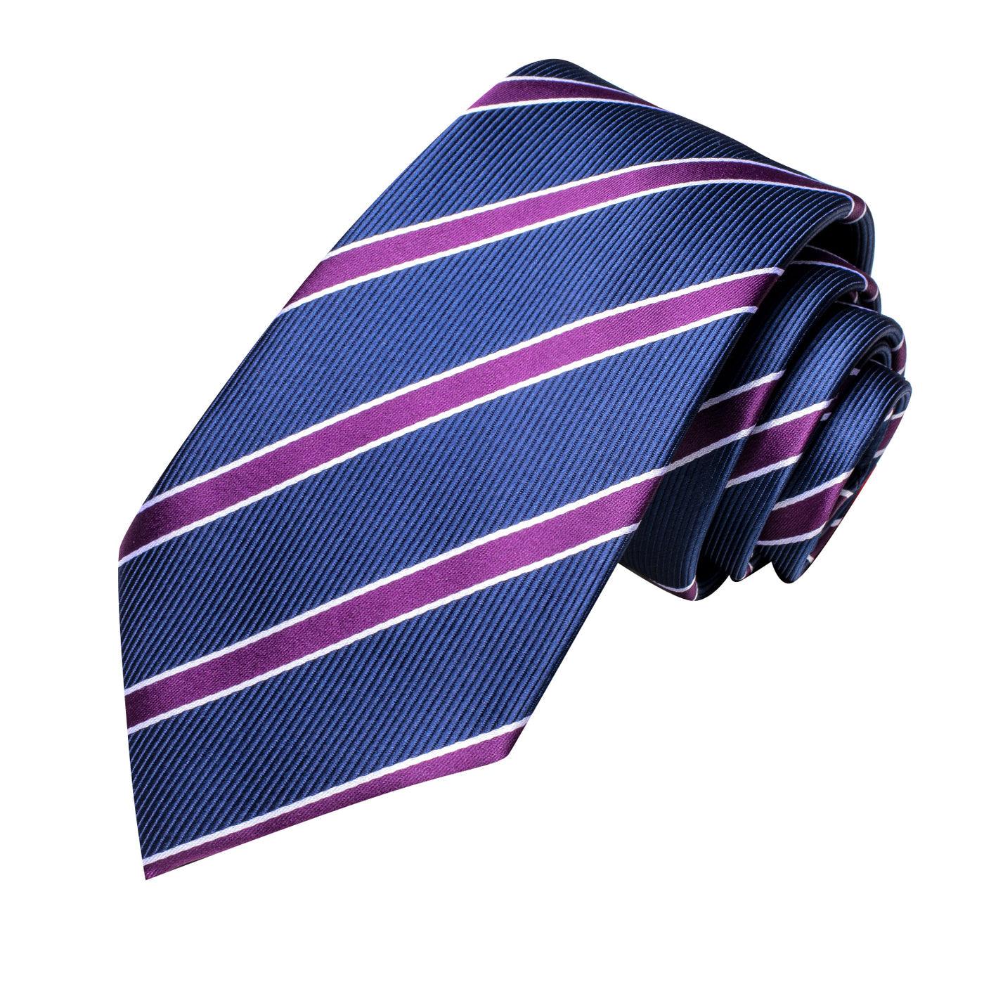 Naby Blue Purple Stripe Silk Tie Pocket Square Cufflink Set - STYLETIE