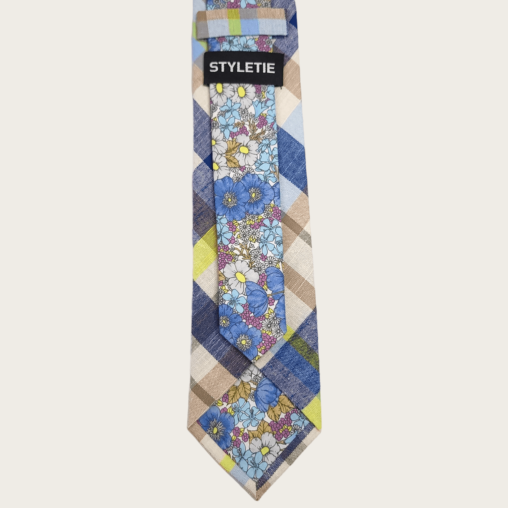 Navy Blue Cream Gray Plaid Floral Peekaboo Tie - STYLETIE