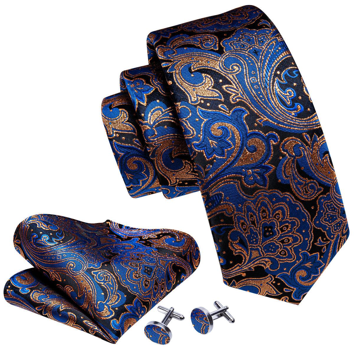 Navy Blue Gold Brown Silk Tie Pocket Square Cufflink Set - STYLETIE