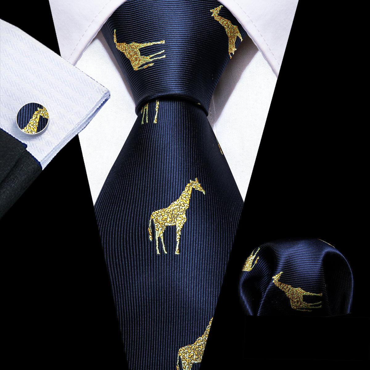 Navy Blue Gold Giraffe Silk Tie Pocket Square Cufflink Set - STYLETIE