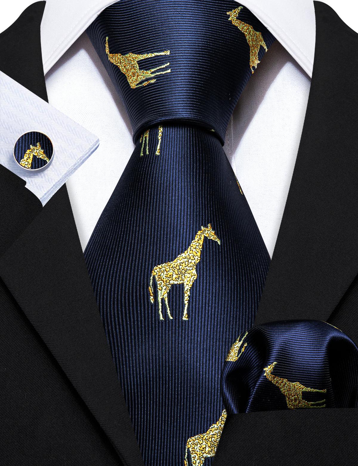 Navy Blue Gold Giraffe Silk Tie Pocket Square Cufflink Set - STYLETIE