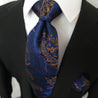 Navy Blue Gold Paisley Floral Silk Tie Pocket Square Cufflink Set - STYLETIE