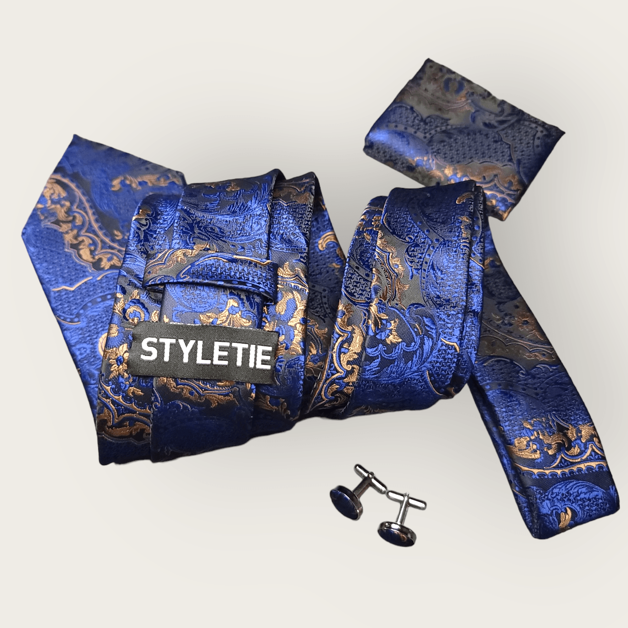 Navy Blue Gold Paisley Floral Silk Tie Pocket Square Cufflink Set - STYLETIE