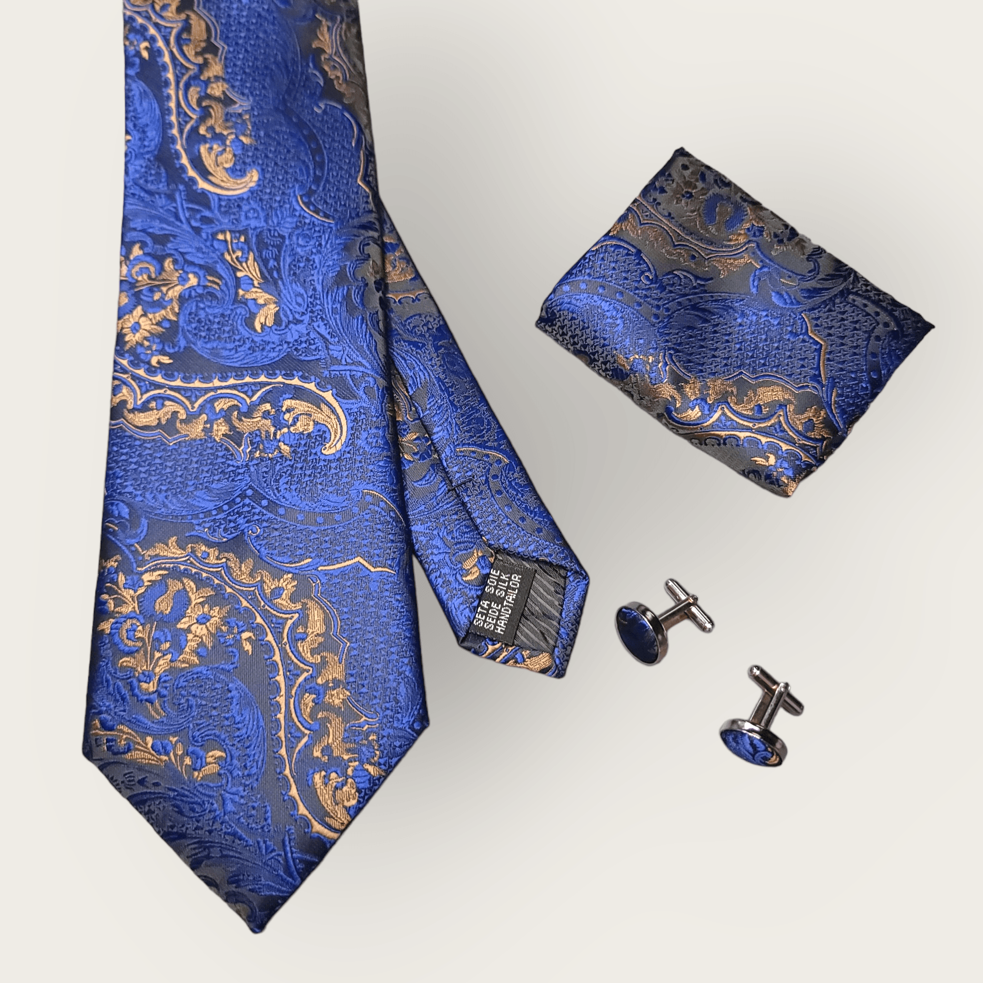 Navy Blue Gold Paisley Floral Silk Tie Pocket Square Cufflink Set - STYLETIE