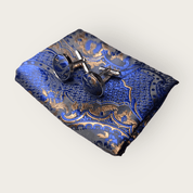 Navy Blue Gold Paisley Floral Silk Tie Pocket Square Cufflink Set - STYLETIE