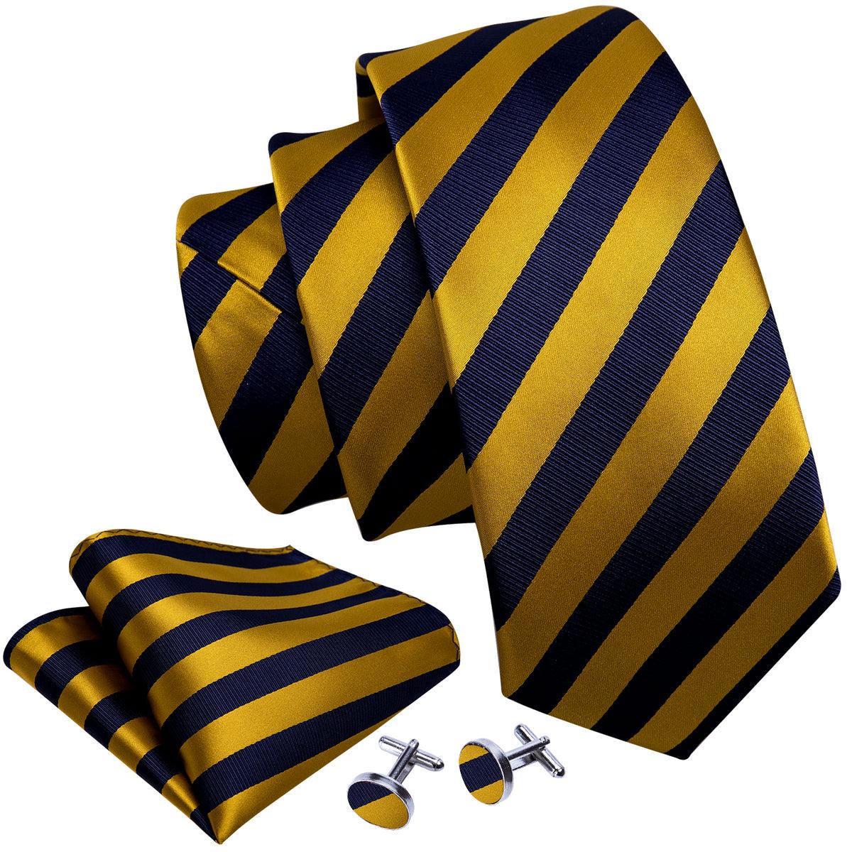 Navy Blue Gold Stripe Silk Tie Pocket Square Cufflink Set - STYLETIE