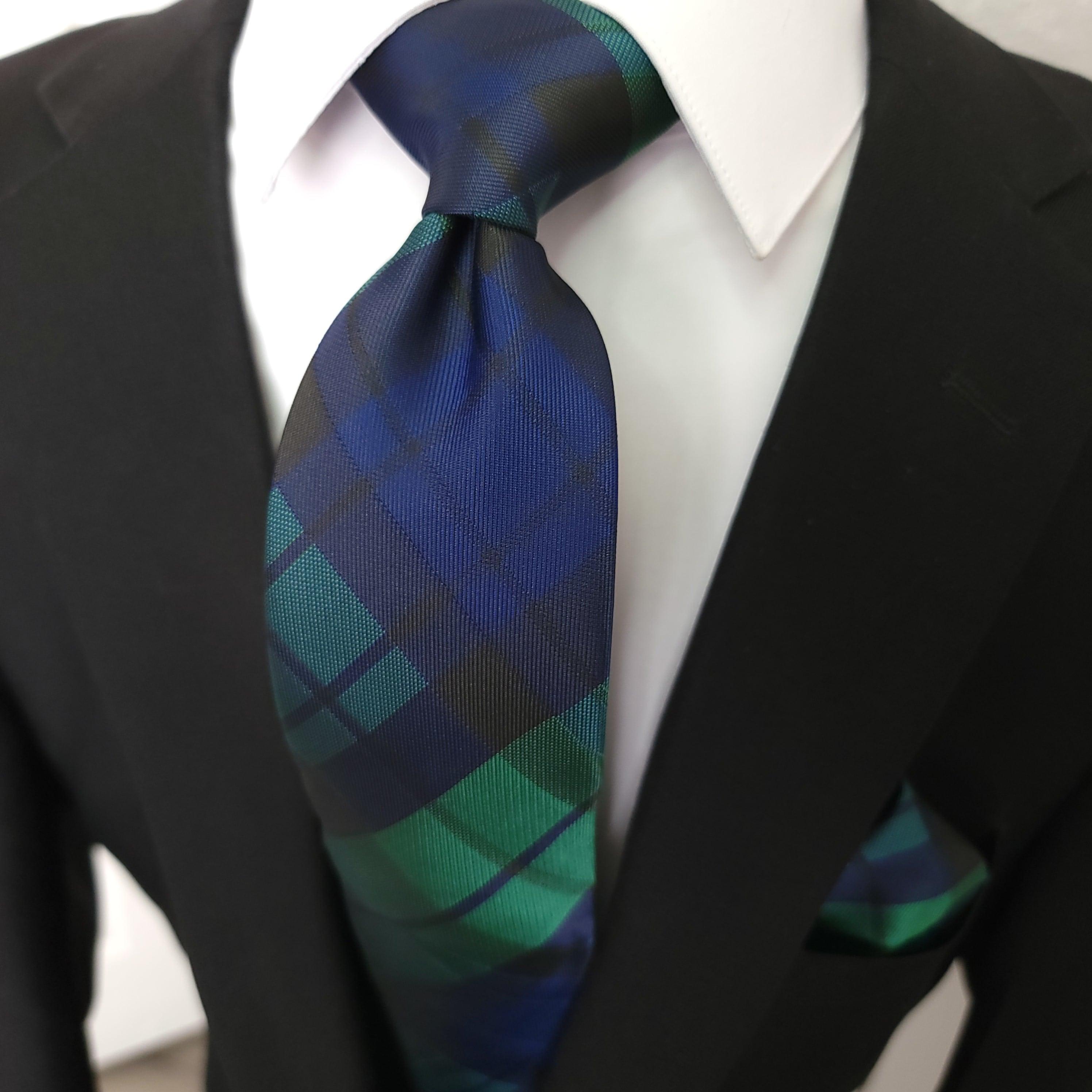 Navy Blue Green Plaid Silk Tie Pocket Square Cufflink Set - STYLETIE