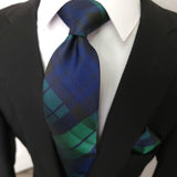 Navy Blue Green Plaid Silk Tie Pocket Square Cufflink Set