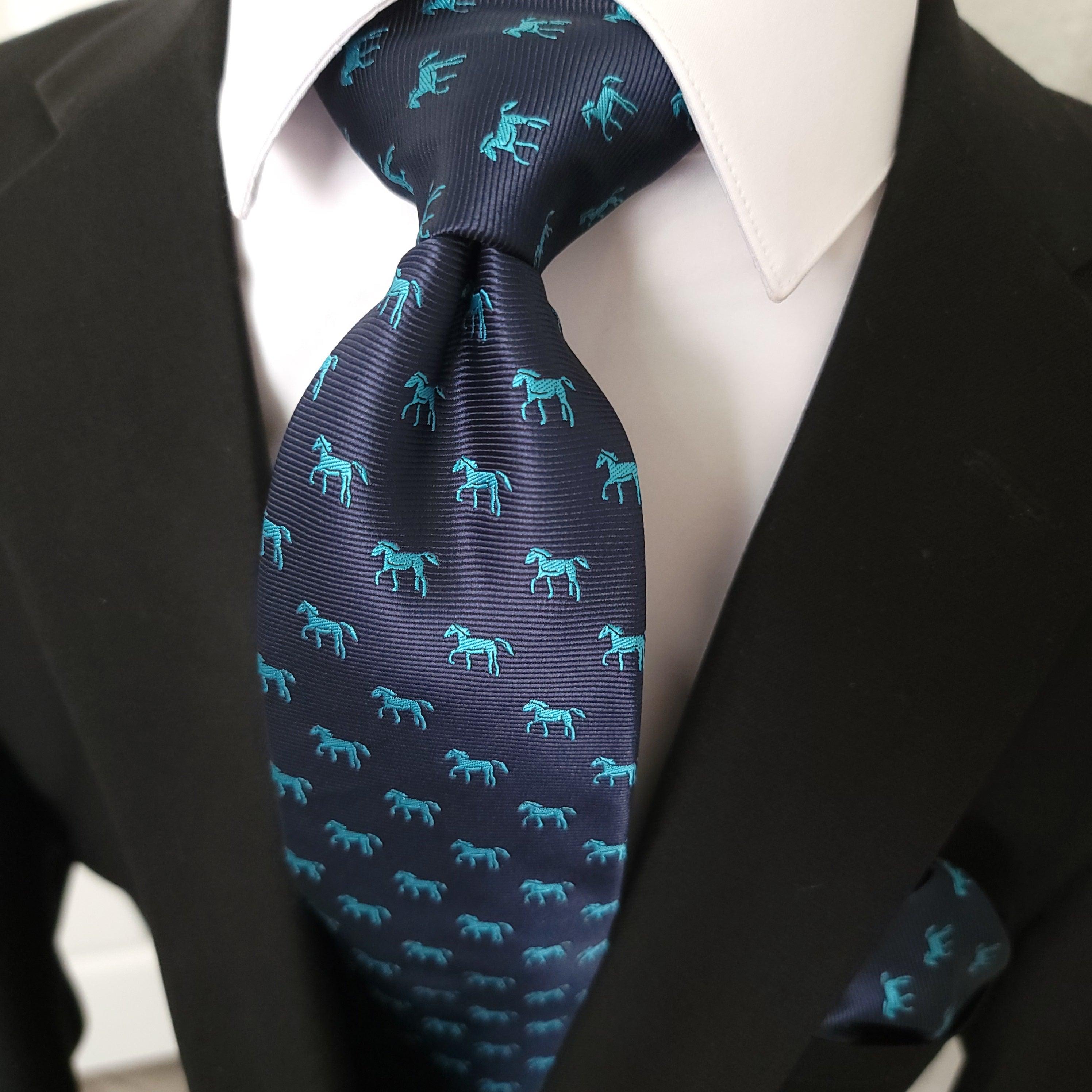 Navy Blue Horse Pattern Silk Tie Pocket Square Cufflink Set - STYLETIE