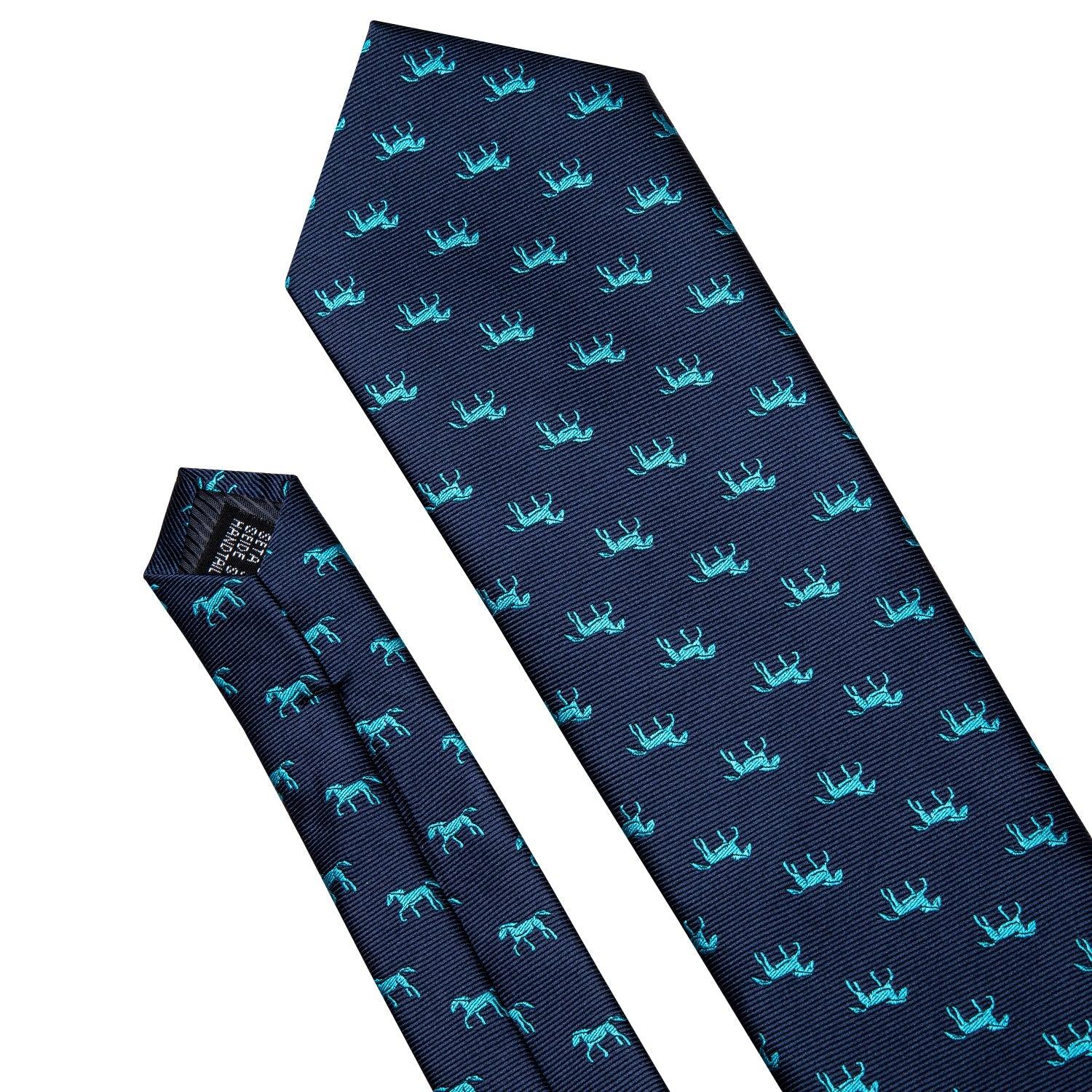 Navy Blue Horse Pattern Silk Tie Pocket Square Cufflink Set - STYLETIE