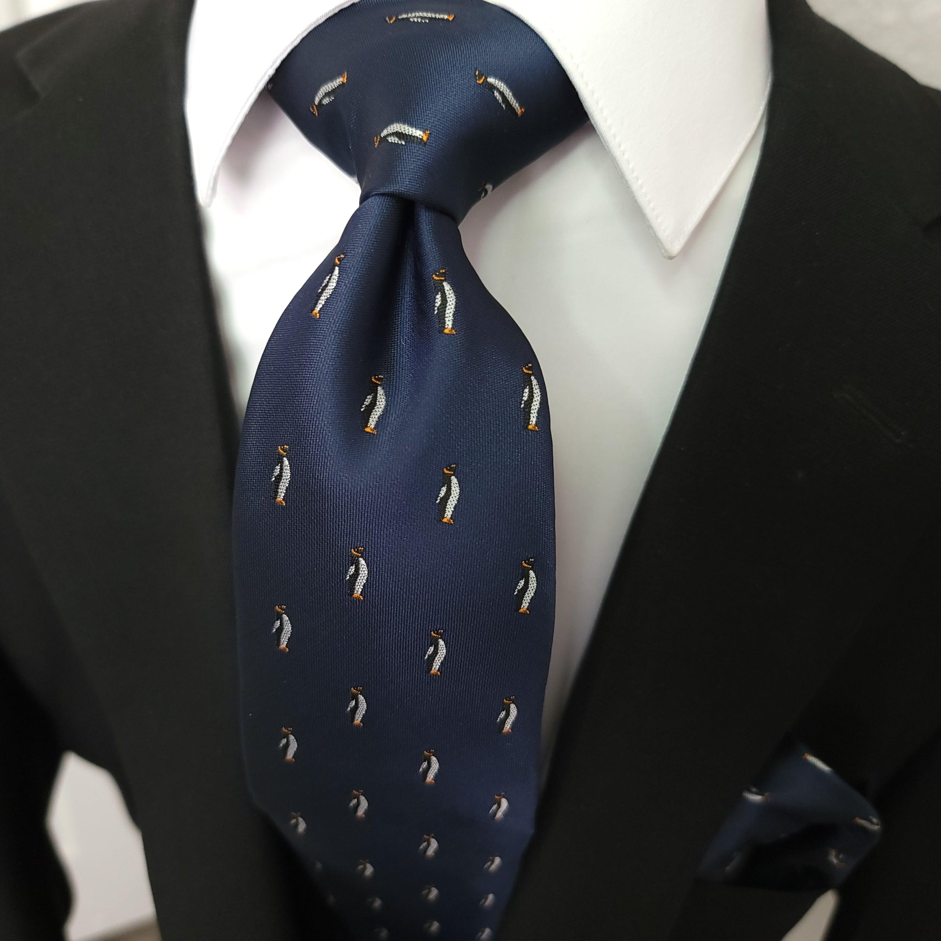Navy Blue Penguin Pattern Silk Tie Pocket Square Cufflink Set - STYLETIE
