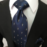 Navy Blue Penguin Pattern Silk Tie Pocket Square Cufflink Set