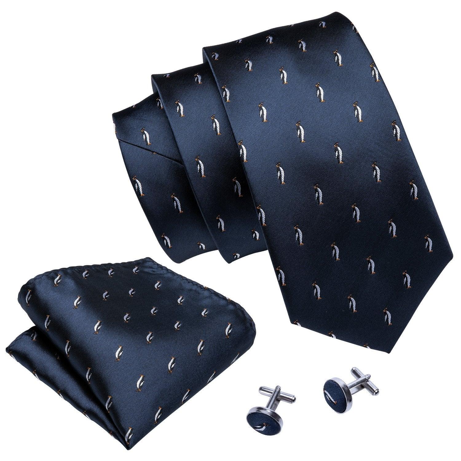 Navy Blue Penguin Pattern Silk Tie Pocket Square Cufflink Set - STYLETIE
