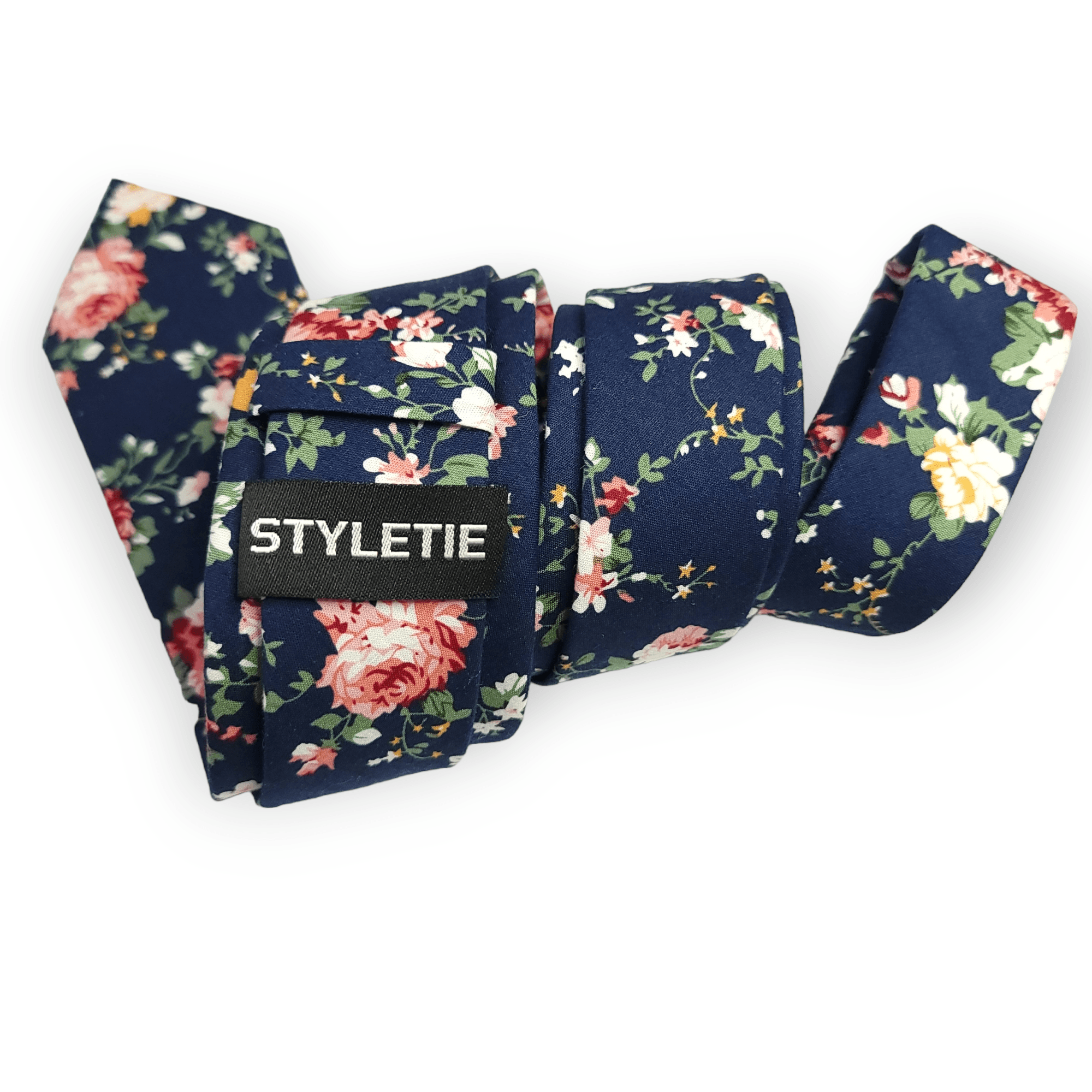 Navy Blue Pink Leaf Floral Slim Tie - STYLETIE