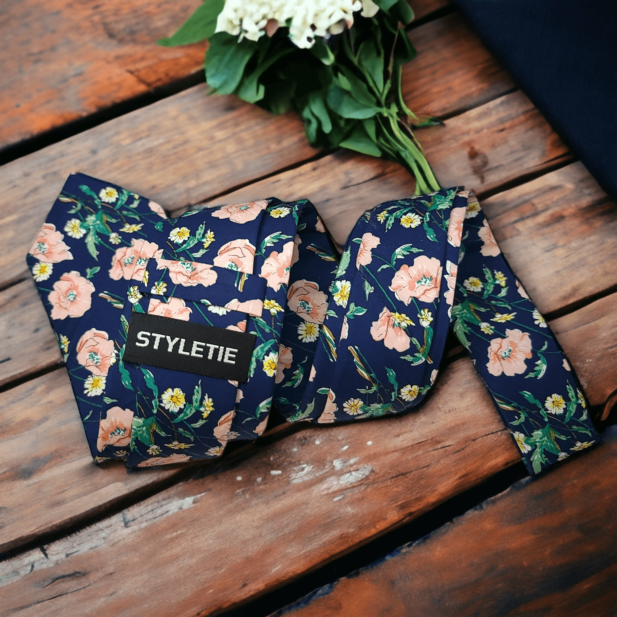 Navy Blue Pink Yellow Floral Leaf Tie - STYLETIE