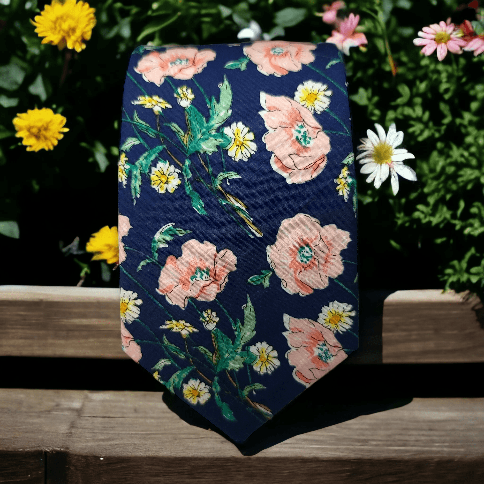 Navy Blue Pink Yellow Floral Leaf Tie - STYLETIE