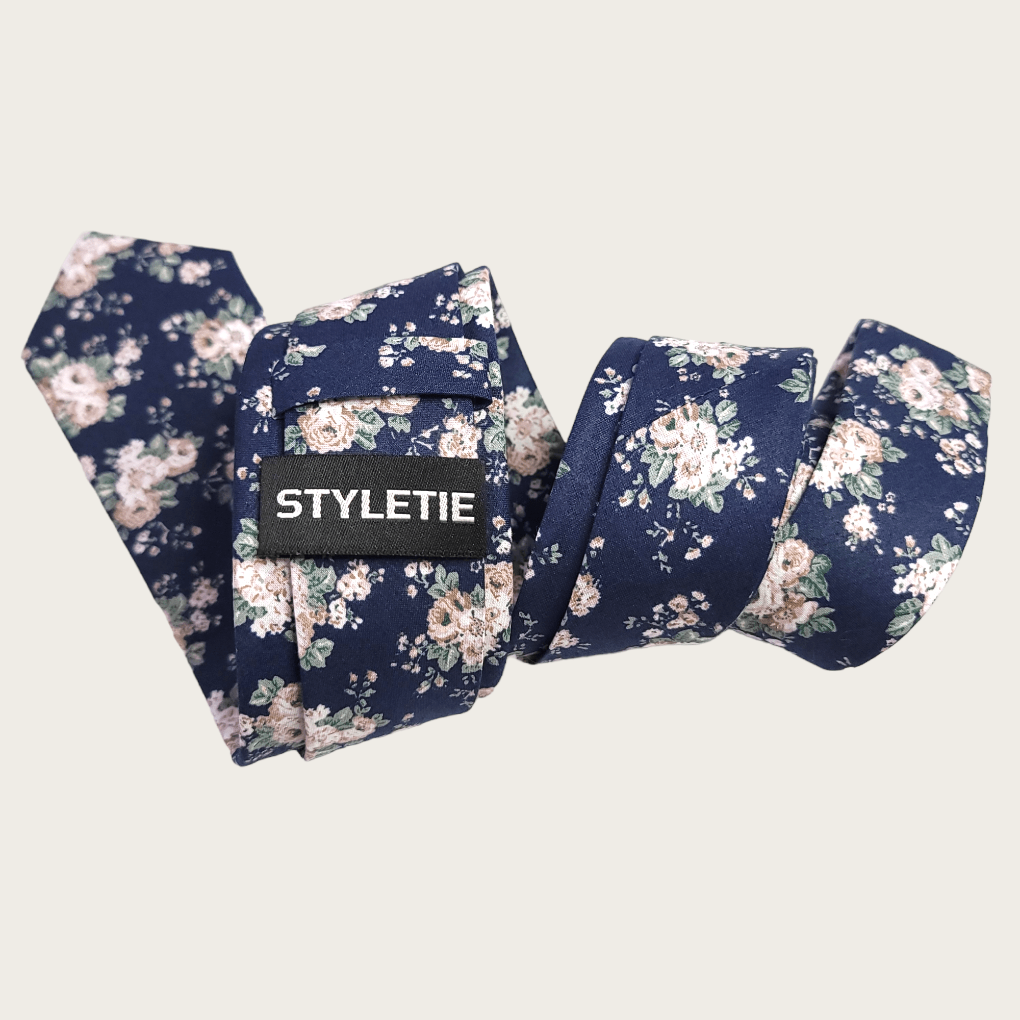 Navy Blue Smoke White Floral Leaf Slim Tie - STYLETIE