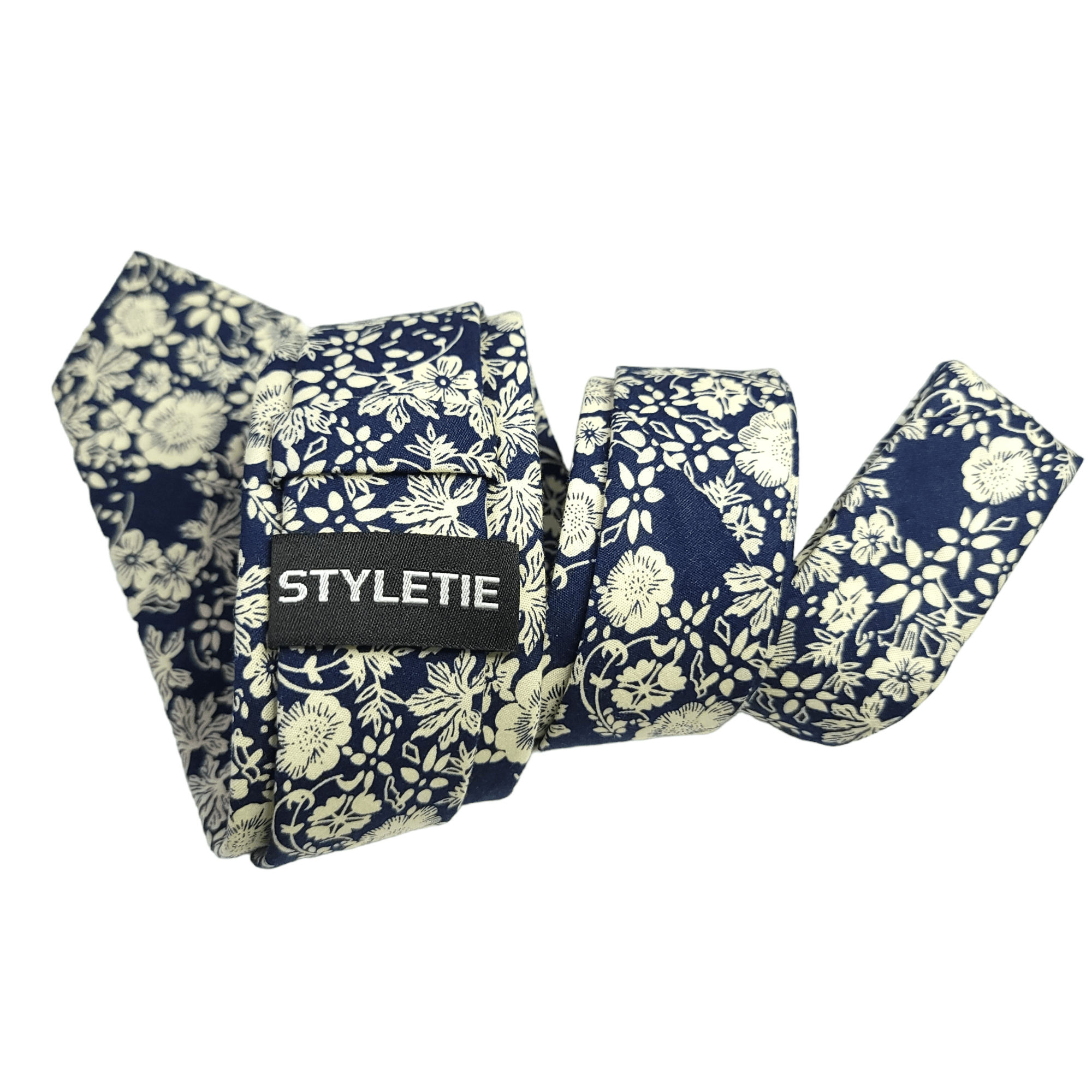 Navy Blue White Floral Slim Tie - STYLETIE