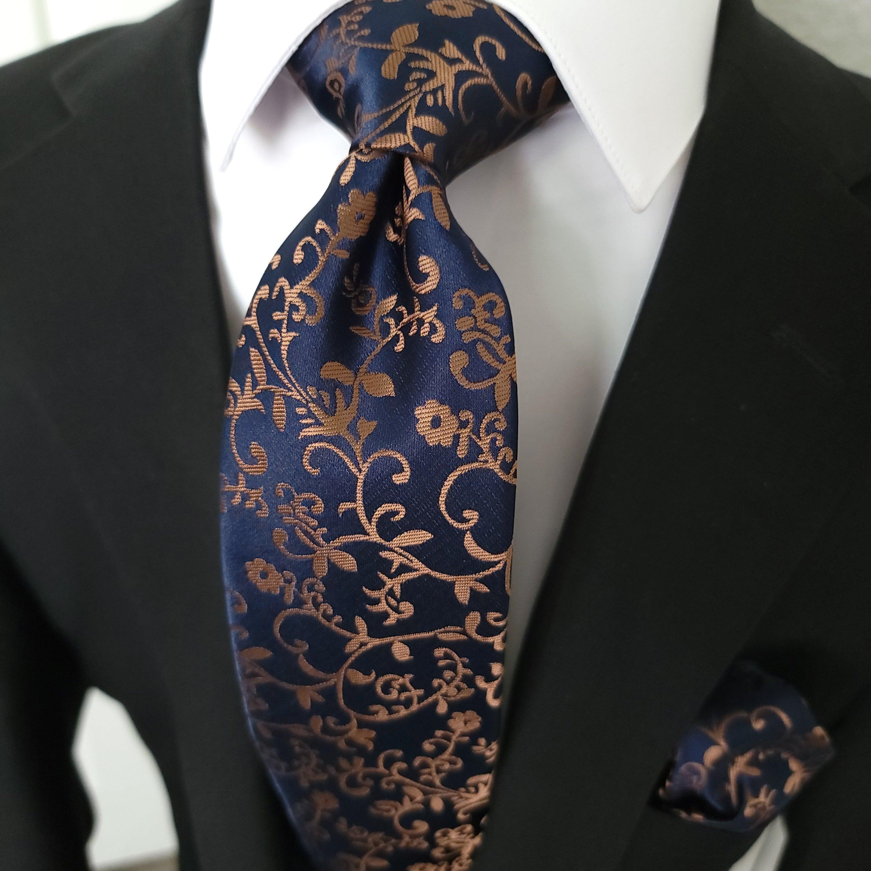 Navy Floral Silk Tie Pocket Square Cufflinks Set - STYLETIE