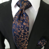 Navy Floral Silk Tie Pocket Square Cufflinks Set