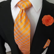 Orange Plaid Striped Silk Tie Pocket Square Cufflink Set - STYLETIE